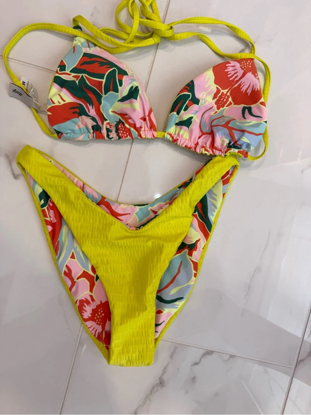Maaji Neon Yellow Floral Reversible Bikini top M bottoms S - Picture 5 of 7